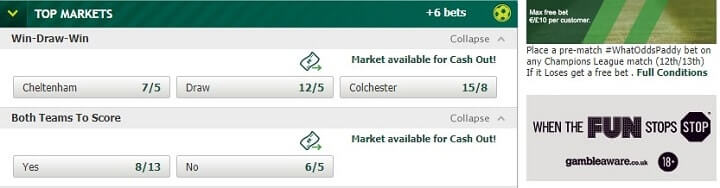 Cheltenham v Colchester PaddyPower odds