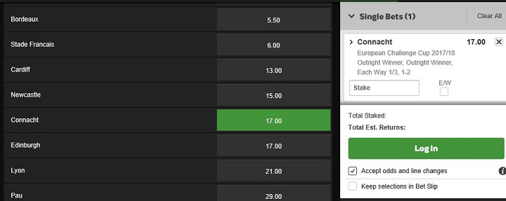 Odds Betfair Connacht Challenge Cup