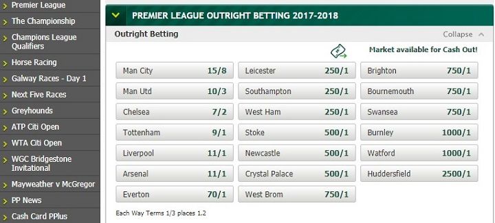 PaddyPower Premier League outright betting