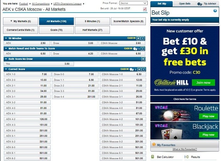 Odds AEK v Moscow William Hill