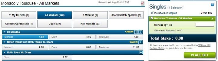 Monaco v Toulouse William Hill odds