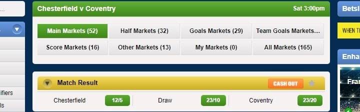 Chesterfield v Coventry Coral odds