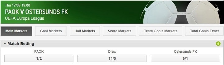 PAOK v Ostersund 2 Ladbrokes odds