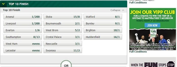 Top10 Finish Premier League PaddyPower odds