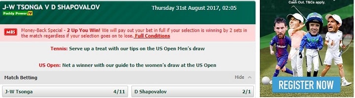 Tsonga v Shapvalov PaddyPower odds