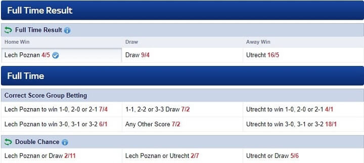 Lech Poznan vs Utrecht Skybet odds