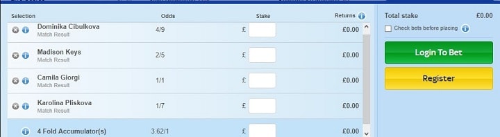 Bet slip WTA 2 Skybet