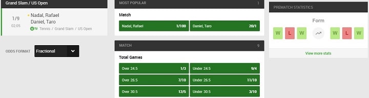 Nadal v Taro Unibet odds