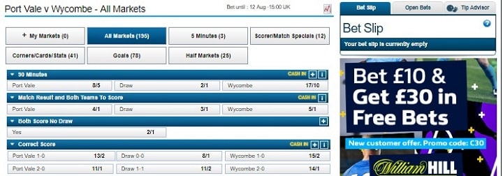 Port Vale v Wycombe William Hill odds