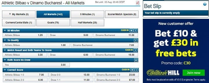 Bilbao v Bucharest William Hill odds