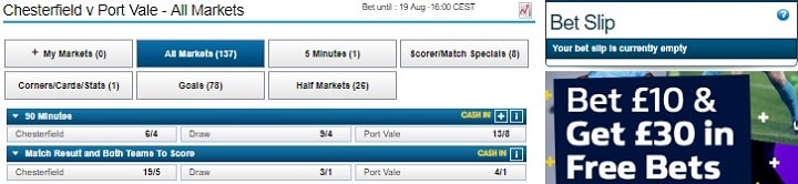 Chesterfield v Port Vale William Hill odds