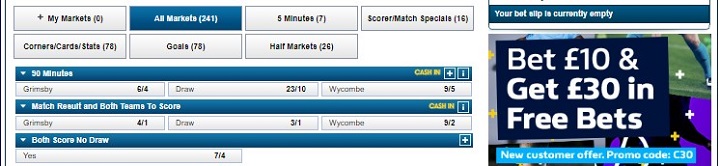 Grimsby Town v Wycombe William Hill odds