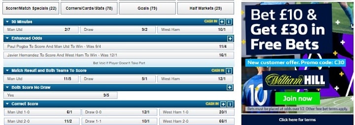 Man Utd v West Ham William Hill odds