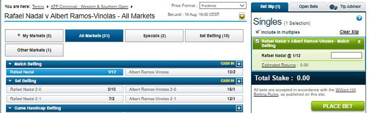 Nadal v Ramos - Vinolas William Hill odds