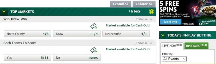 Notts County v Morecambe PaddyPower odds