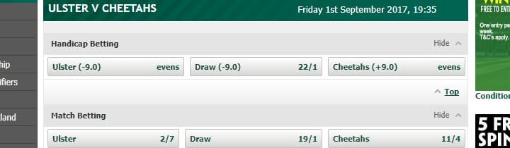 Ulster v Cheetahs PaddyPower odds