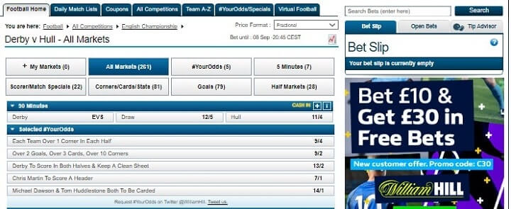 Derby v Hull William Hill odds
