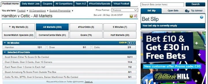Hamilton v Celtic William Hill odds