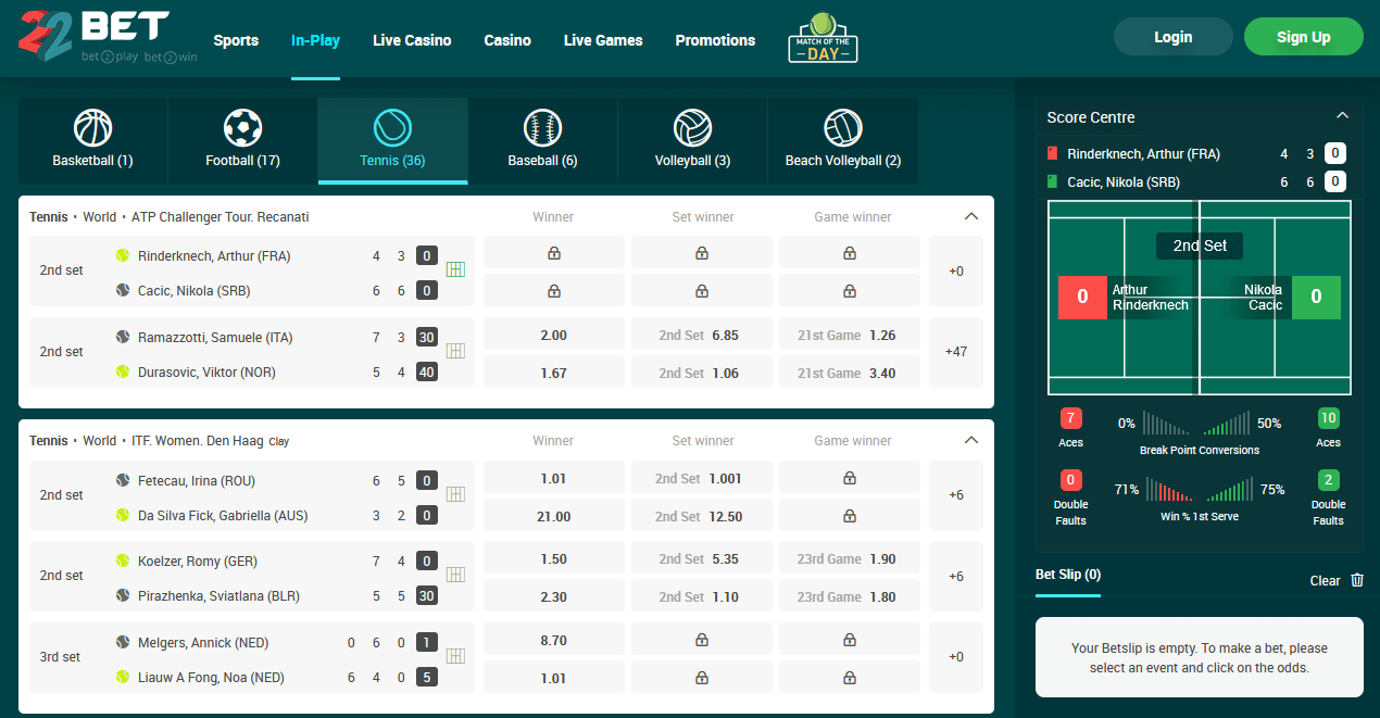 22Bet Inplay Tennis