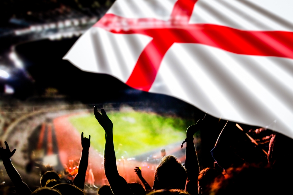 England,Supporters, ,Double,Exposure,Of,England,Flag,And,Football